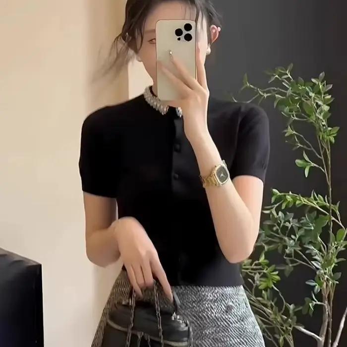 Pull en Tricot à Diamants Noirs pour Femme