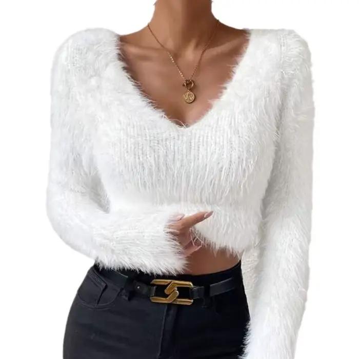 Pull en tricot uni pour femmes, col en V, coupe cintrée, fourrure courte, style bohème, nouvelle collection automne hiver 2025