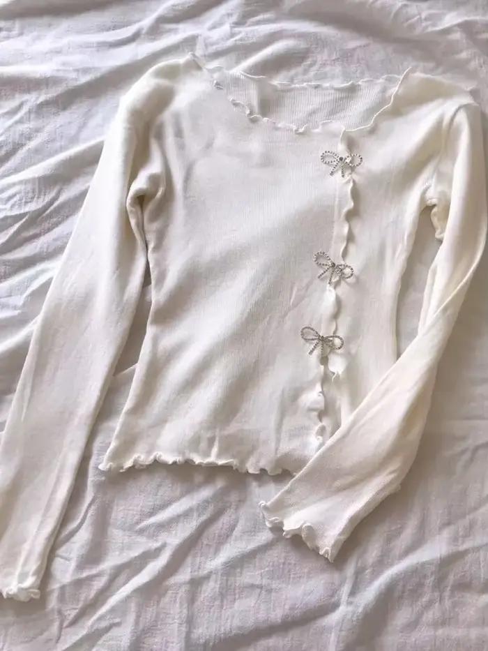 Pull à manches longues abebey garniture laitue unie nœud papillon style Y2K pour femmes décontracté automne printemps occassionnels à offrir