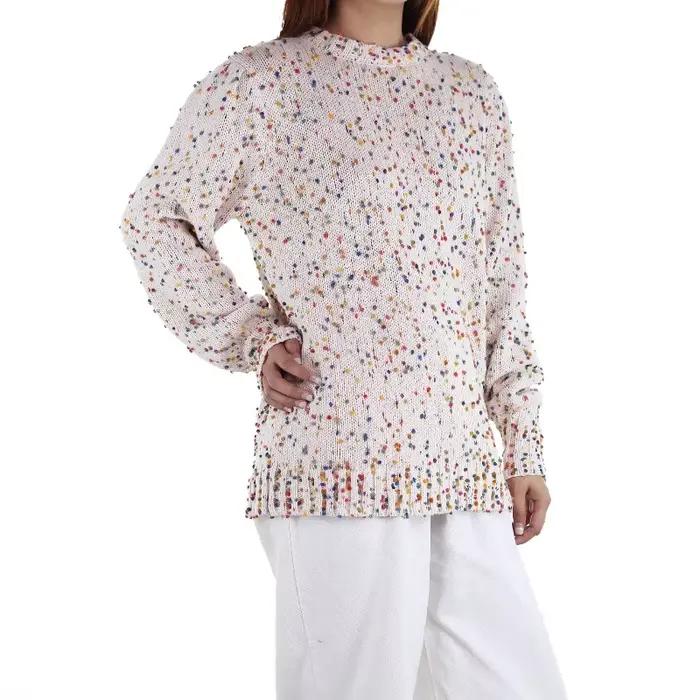 Pull à pois colorés pour femmes, col rond, coupe ample, polyester, style mode, automne et hiver