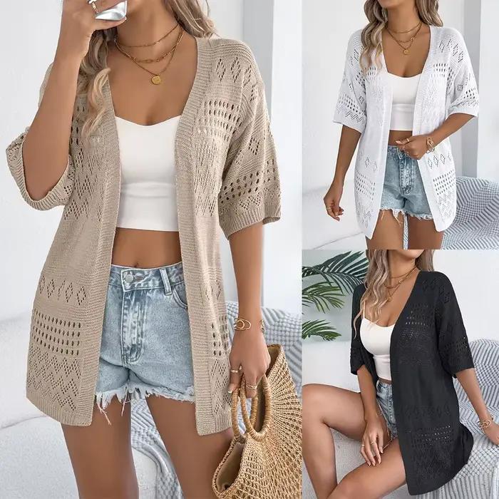 Pull tricoté décontracté de couleur unie à manches mi-longues pour femme