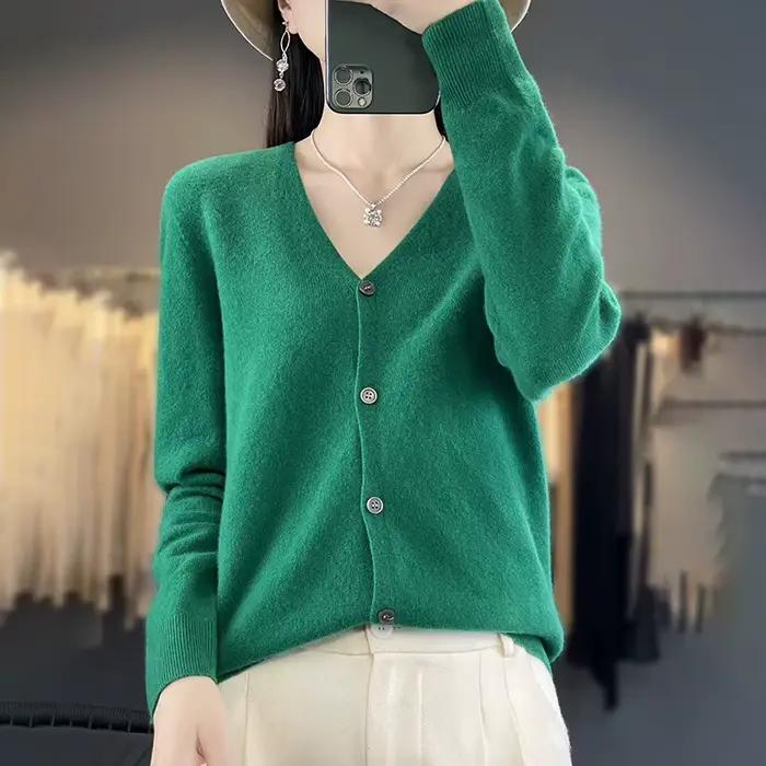 100% laine mérinos pull automne hiver femmes nouveau col rond solide tricoté Cardigan décontracté cachemire tricots à manches longues doux hauts