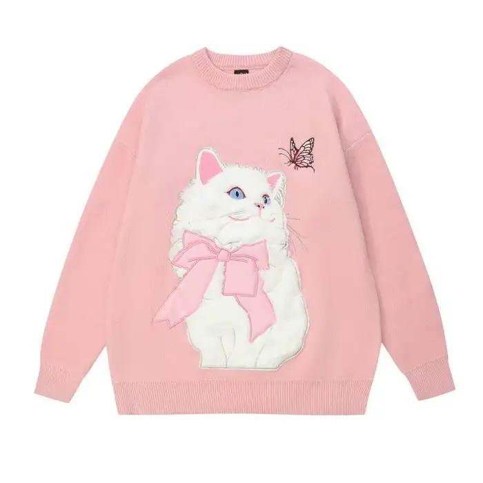 Doux fille femmes dessin animé pull mignon flocage chat à manches longues col rond haut tricoté automne hiver nouveau tricoté sweat surdimensionné