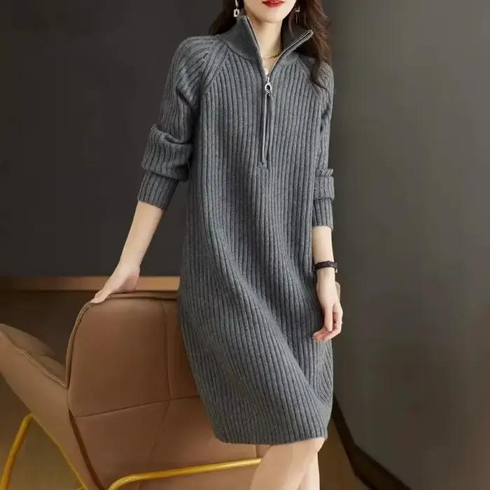 Robe pull à col roulé élégante et décontractée pour femmes, polyester acrylique, automne hiver, bleu ivoire vert armée noir vert