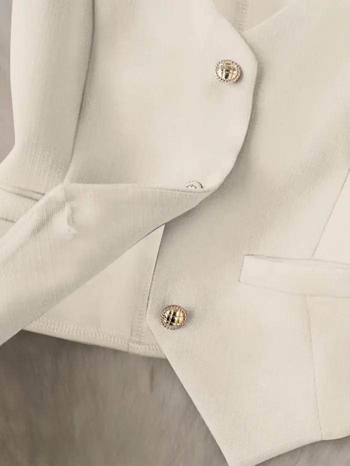 Ensemble 2 pièces élégant pour femme : Gilet beige à col en V et taille cintrée + Mini-jupe plissée