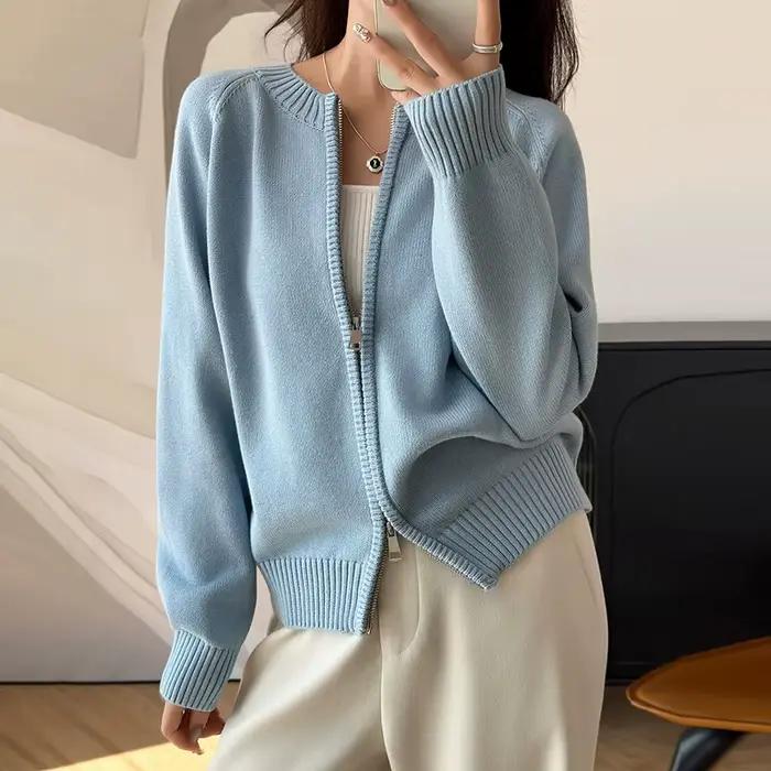 Double fermeture éclair pull Cardigan femmes à manches longues pur vêtements d'extérieur en coton automne hiver femme veste décontractée tricots B3032116