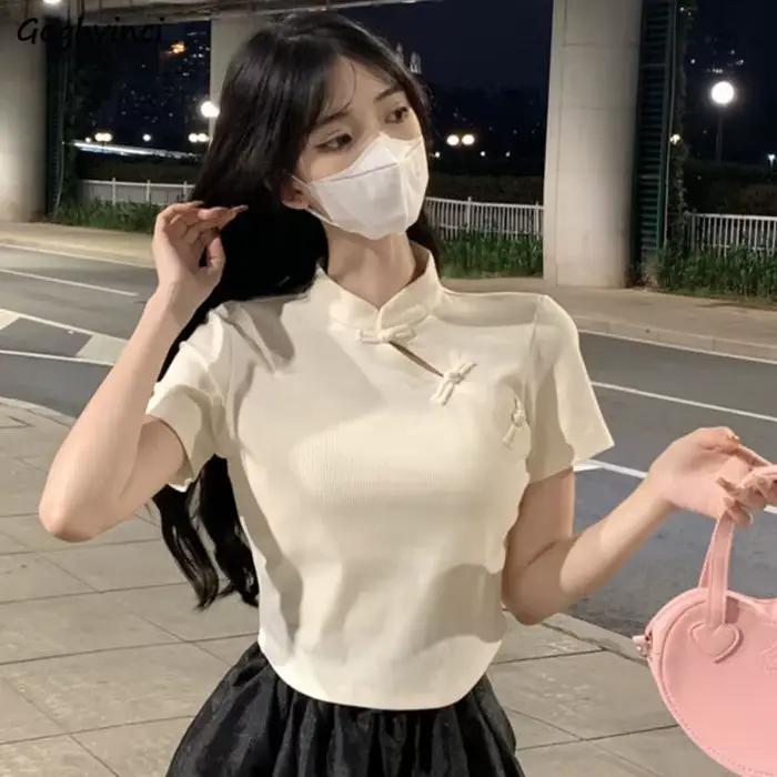 T-shirt féminin vintage chinois littéraire style décontracté col mandarin polyvalent pour occasions spéciales
