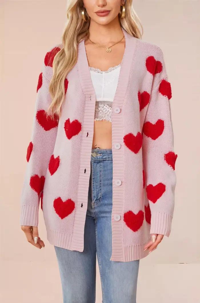 Cardigan en polyester forme de cœur solide et décontracté avec col rond et fermeture éclair pour femmes occassions automne hiver