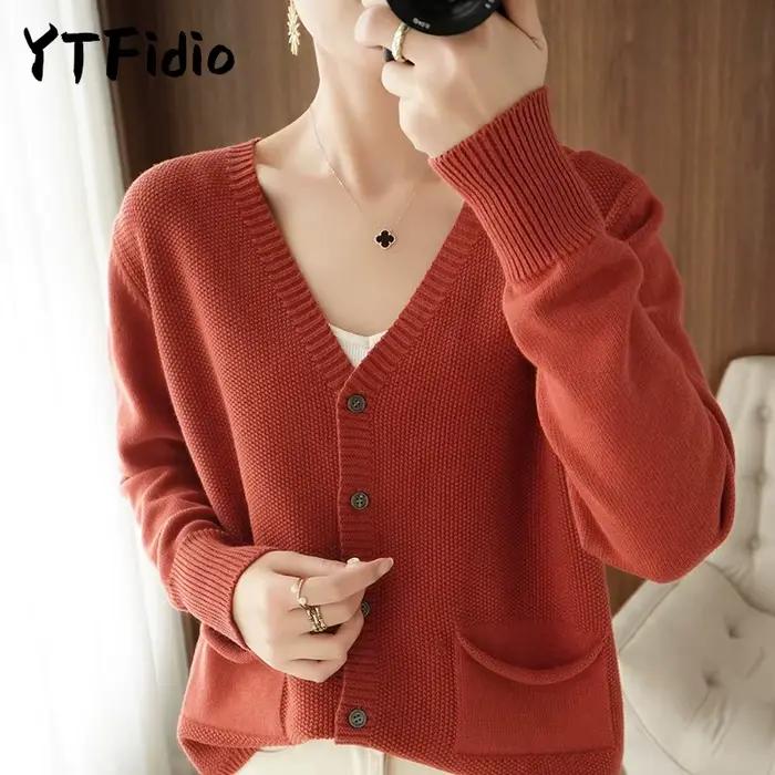 Cardigan YTFidio en coton 100% pour femmes, col en V, décontracté et ample, idéal pour les occasions décontractées et spéciales