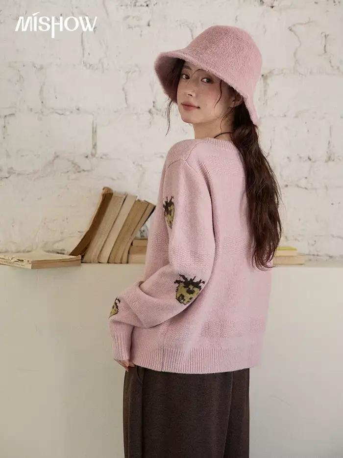 MISHOW Cardigan femmes 2025 automne hiver mode Fuuny ananas Jacquard col rond simple boutonnage pull femme MXE87Z2752
