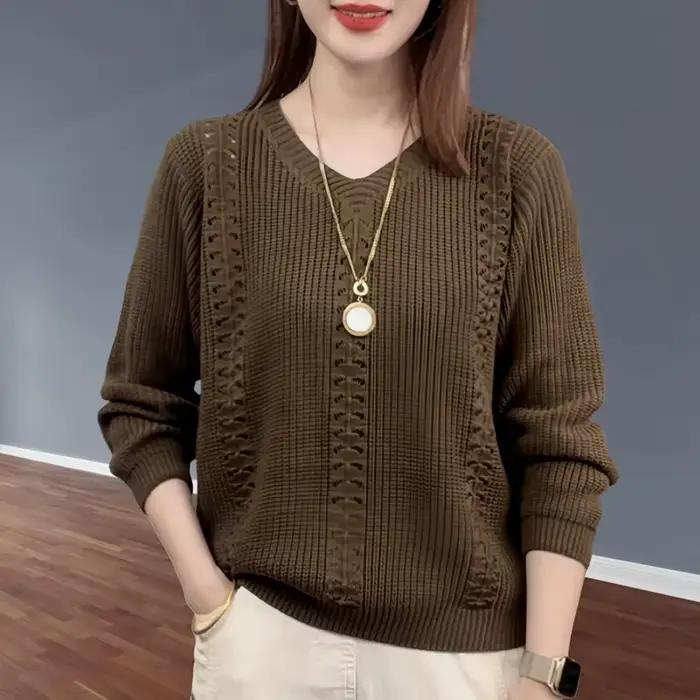 Pull en polyester à col en V pour femme, style moderne et confortable pour l'automne et l'hiver