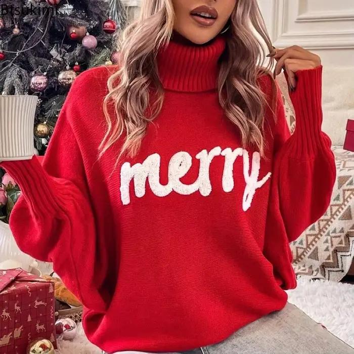 Pull à col roulé féminin élégant avec lettres joyeuses pour femmes automne hiver tricot polyvalent et confortable pour les occasions festives et quotidiennes