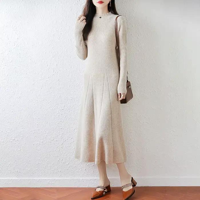 Nouvelle robe à col rond pour femmes avec pull 100% laine mérinos automne et hiver