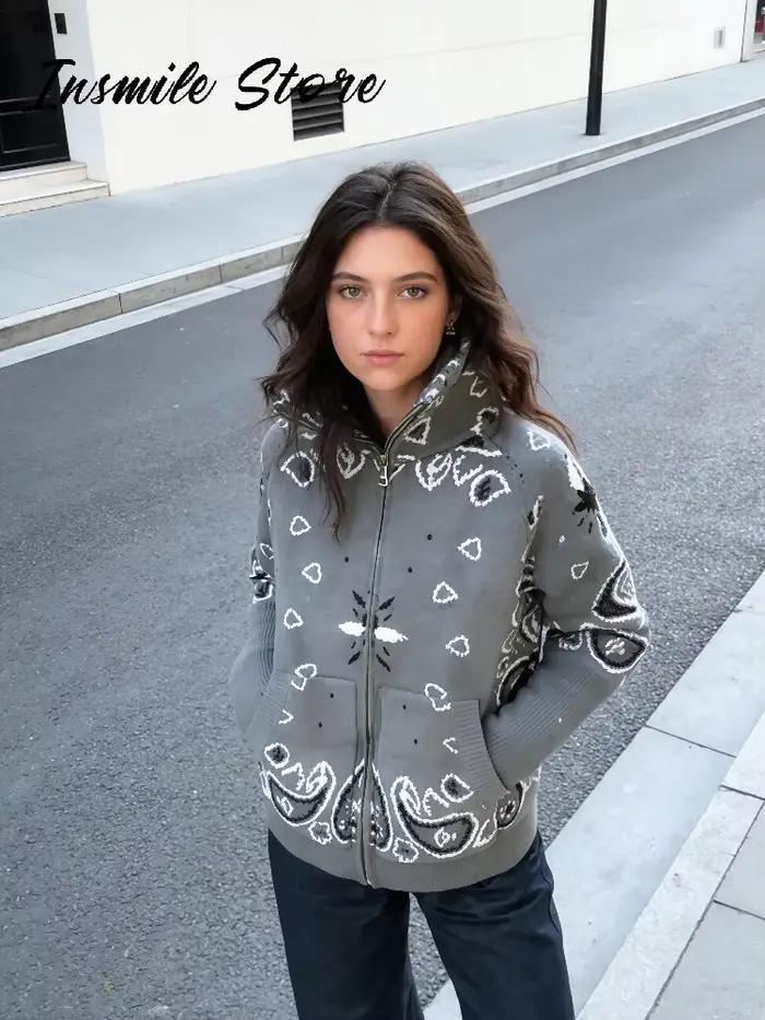 Mode tricot Jacquard Cardigan femmes gris col montant fermeture éclair manches longues pull 2026 printemps dame décontracté rue tricots nouveau