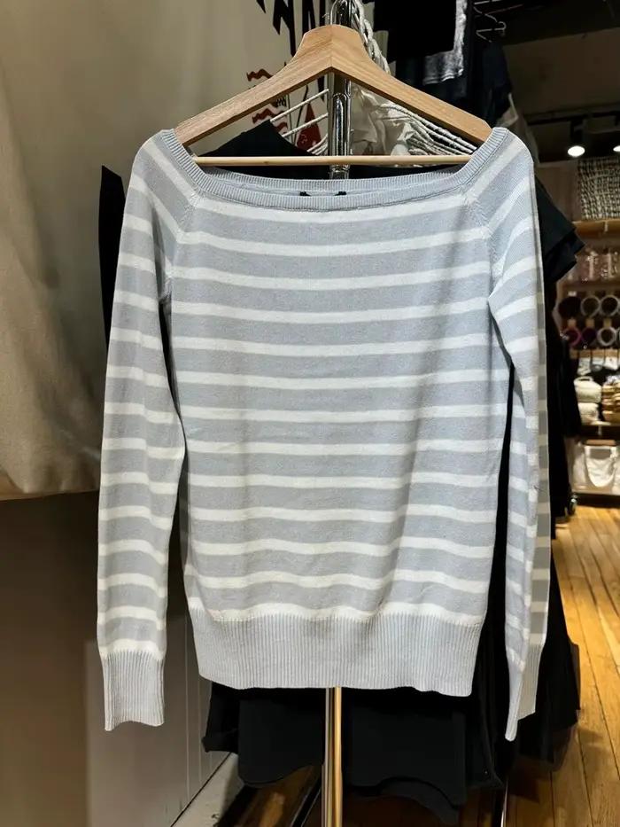 Pull tricoté à rayures bleues en coton et polyester pour femmes, hauts vintage Y2K, préppy, col slash, manches longues, occassions spéciales