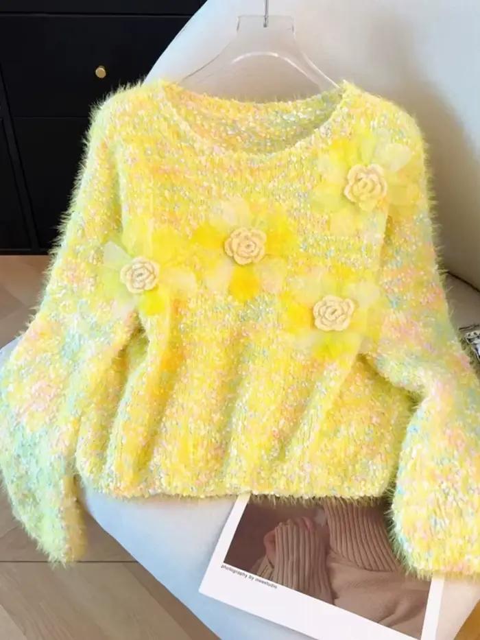 Pull-over élégant pour femme, couleurs douces, coupe ample, style décontracté, motif floral 3D, mignon, mode automne, manches longues, col rond, tendance