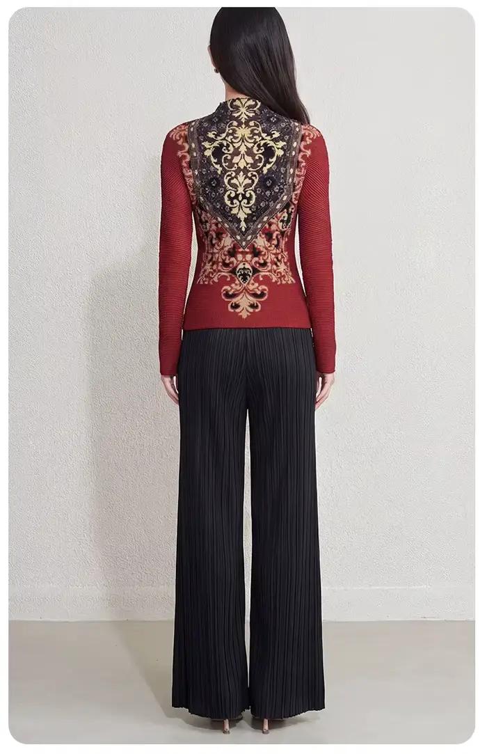 Haut plissé à col roulé imprimé style baroque rétro