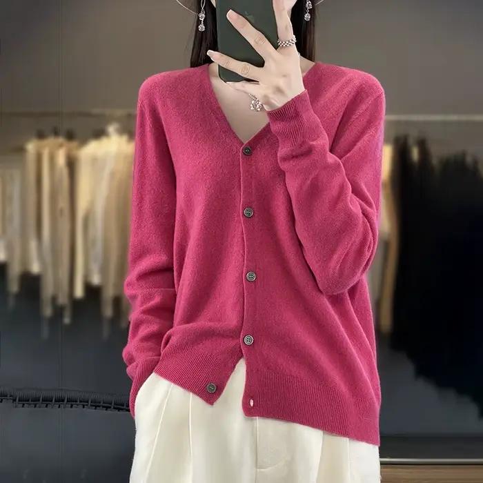 100% laine mérinos pull automne hiver femmes nouveau col rond solide tricoté Cardigan décontracté cachemire tricots à manches longues doux hauts