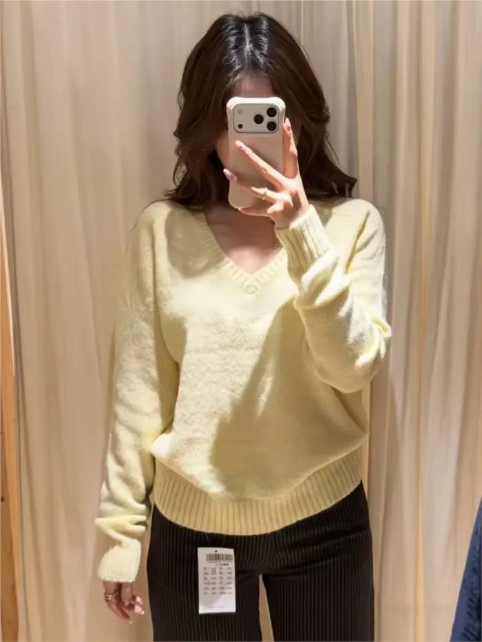 Pull tricoté jaune doux pour femme, col en V, style Y2K, décontracté et chic, pour automne hiver