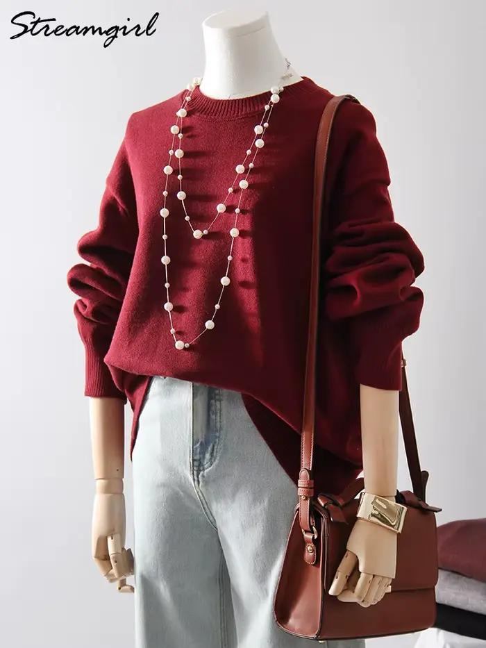 Pull basique surdimensionné bordeaux pour femme
