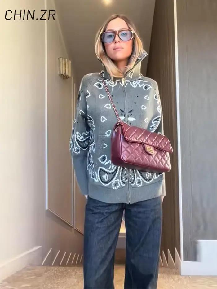 Cardigans à col montant en tricot Jacquard pour femme