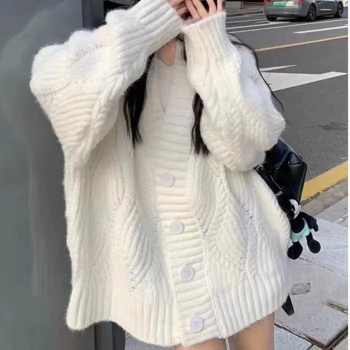 Veste pull pour femme, Cardigan tricoté ample rétro, automne et hiver