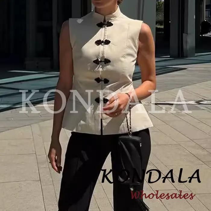 KONDALA Chic Beige Tendance 2026 Gilet Femme Décontracté Moderne Gilet Fourreau Vintage Élégant Sans Manches Streetwear Gilet Vintage Mujer