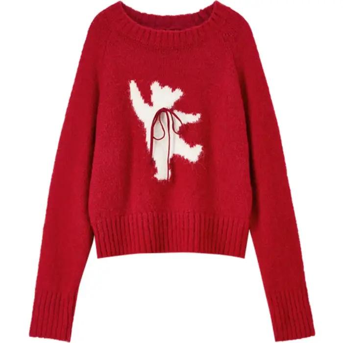 Pull femme SENTUBILA à col rond contrastant avec nœud et lacets