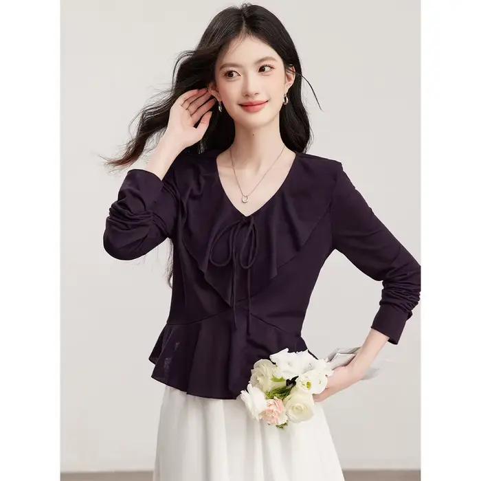 Pull-over col en V décontracté avec volants et lacets pour femmes élégant style français pour printemps 2026 occassions multiples