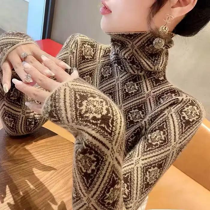 Pull à col roulé en tricot Argyle pour femme