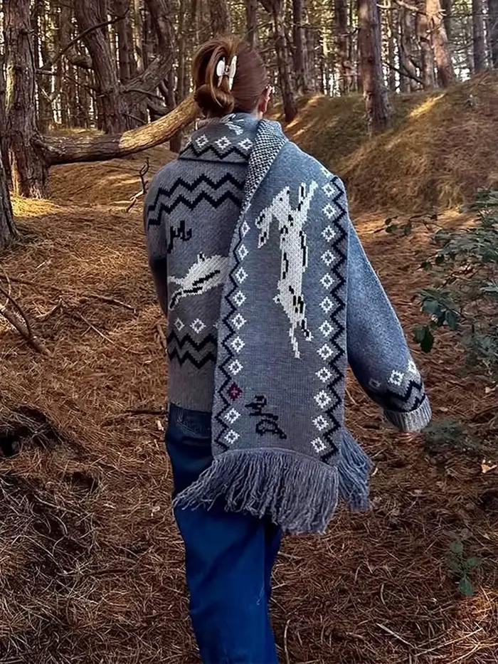 Cardigan tricoté vintage imprimé pour femmes style bureau décontracté col claudine ample automne hiver occasions spéciales