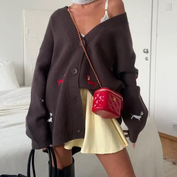 Teckel brodé pull Cardigan ample col en v à manches longues veste à la mode nouveaux vêtements pour femmes