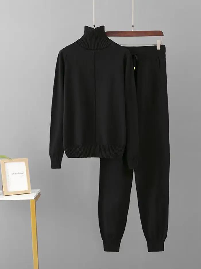Femmes col roulé tricots pull hauts pullover Conjuntos taille haute décontractée sarouel tenue couleur bonbon tricoté 2 pièces ensembles