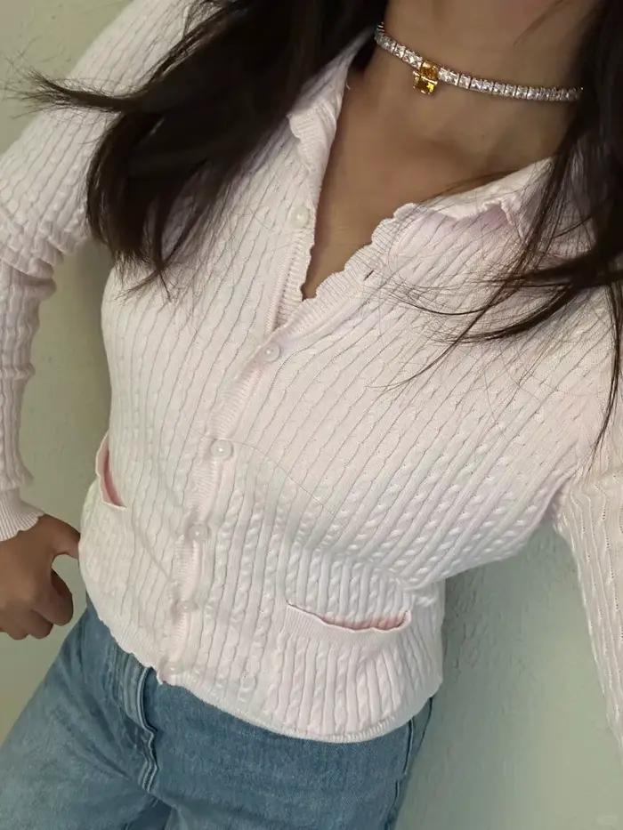 Cardigan Torsadé Rose à Col de Poupée Pour Femme Style Préppy Y2K Nouvelle Collection Automne Doux et Mignon Occasions Spéciales