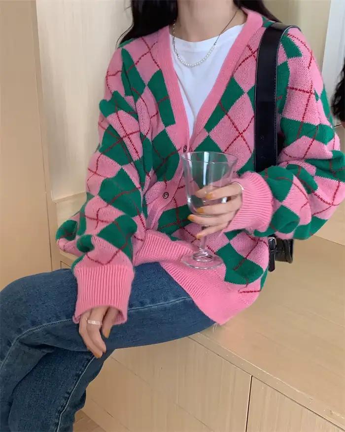 Cardigan à carreaux de diamants pour femmes