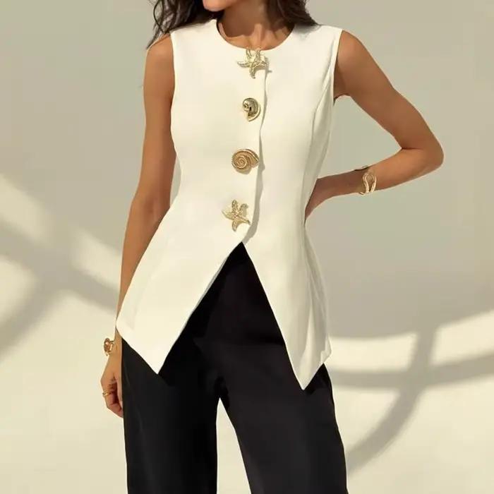 KUCLUT 2025 nouvelle mode col en v simple boutonnage gilet pour les femmes élégant polyvalent taille fendue conception débardeurs femme 1A674