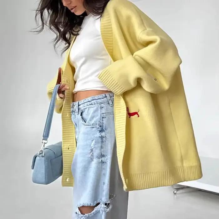 Teckel brodé pull Cardigan ample col en v à manches longues veste à la mode nouveaux vêtements pour femmes
