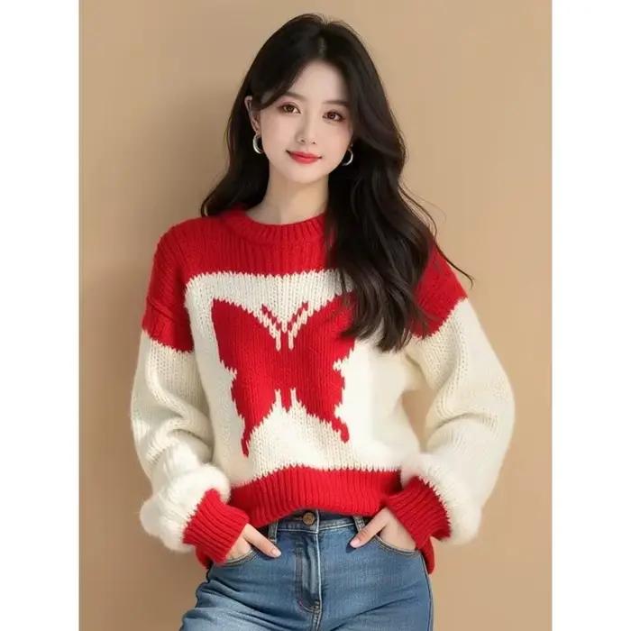 Pull papillon contrasté rouge et blanc pour femmes