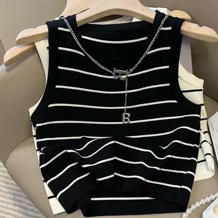 Gilet extensible rayé, haut court basique et polyvalent