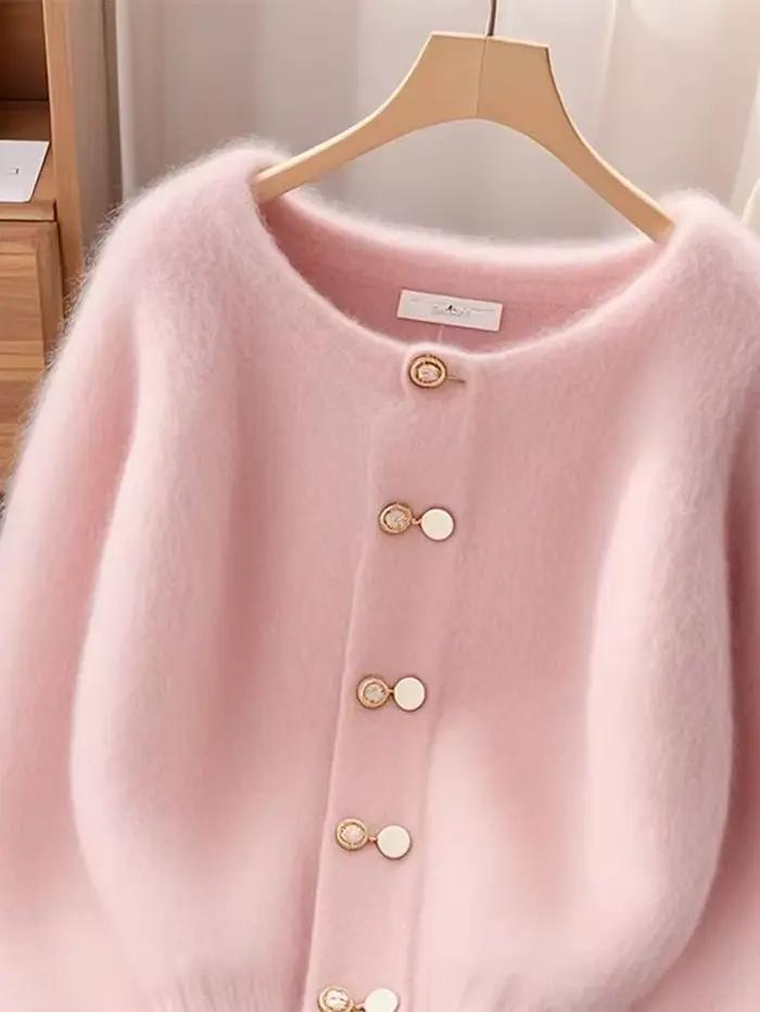 Nouveau automne hiver pull Cardigan femmes mode décontracté rose col rond ample épais chaud tricots dames