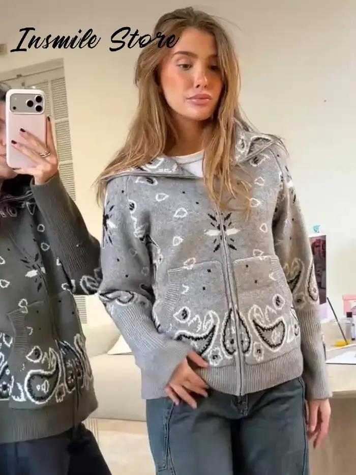Mode tricot Jacquard Cardigan femmes gris col montant fermeture éclair manches longues pull 2026 printemps dame décontracté rue tricots nouveau
