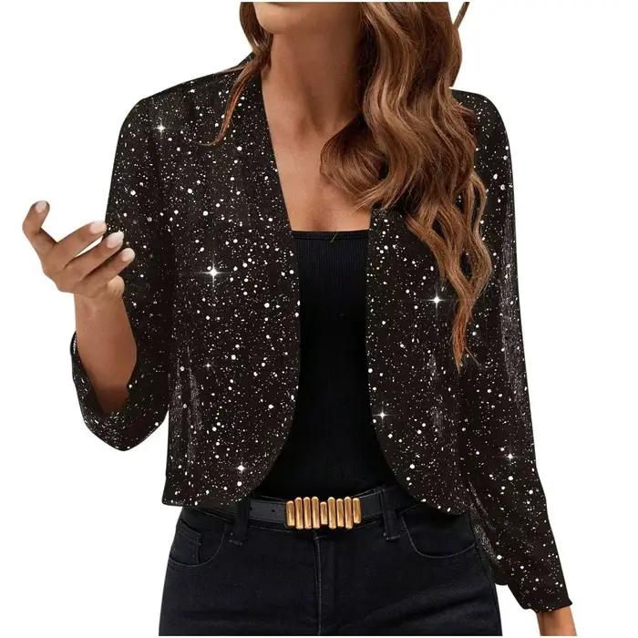 Veste cardigan court féminin polyester avec décoration brillante pour femmes décontractées et élégantes occasions spéciales