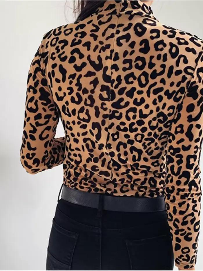 Femmes Blouses mode imprimé léopard col roulé Blouse automne à manches longues chemises fête dames vêtements