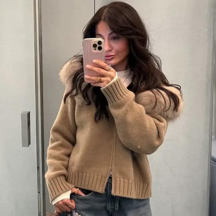 Talenza hiver femme pull à capuche Cardigan moelleux fermeture éclair Patchwork à manches longues côtelé solide tricot