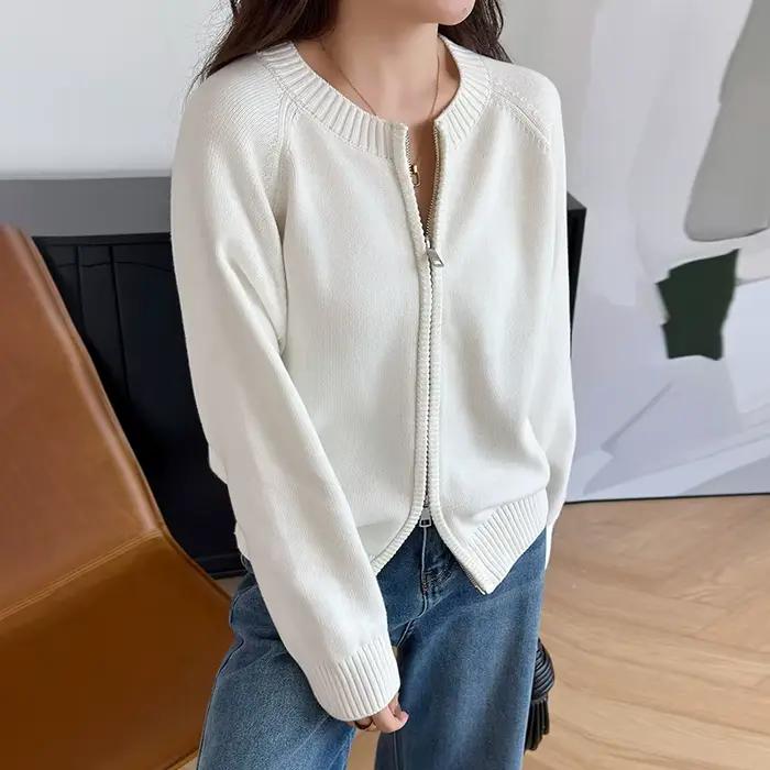 Double fermeture éclair pull Cardigan femmes à manches longues pur vêtements d'extérieur en coton automne hiver femme veste décontractée tricots B3032116