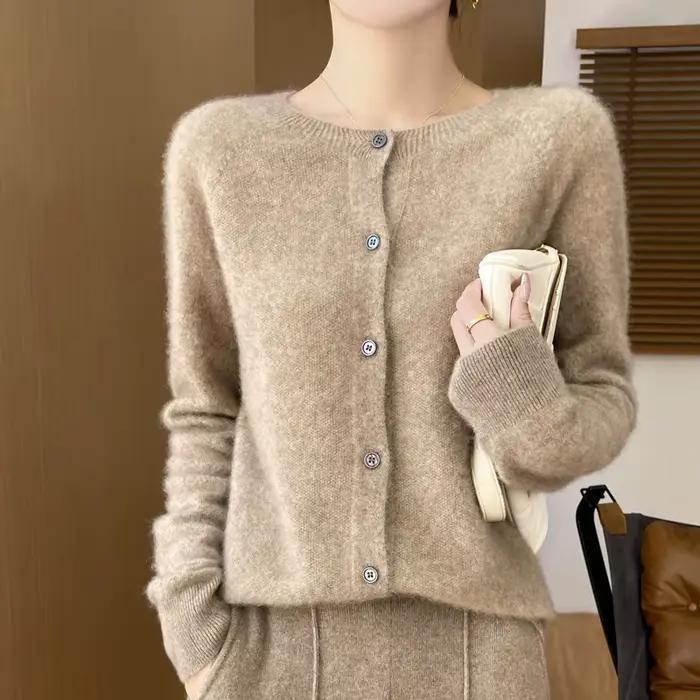 100% laine mérinos à manches longues chandails cachemire Cardigan printemps automne femmes col rond tricots hauts vêtements mode Tops basiques