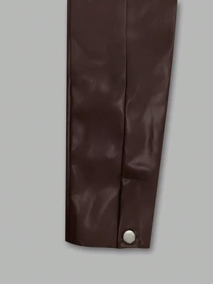 Veste en simili cuir marron chocolat ample à revers pour femmes, veste bomber courte pour le printemps et l'automne, adaptable à divers styles et occasions