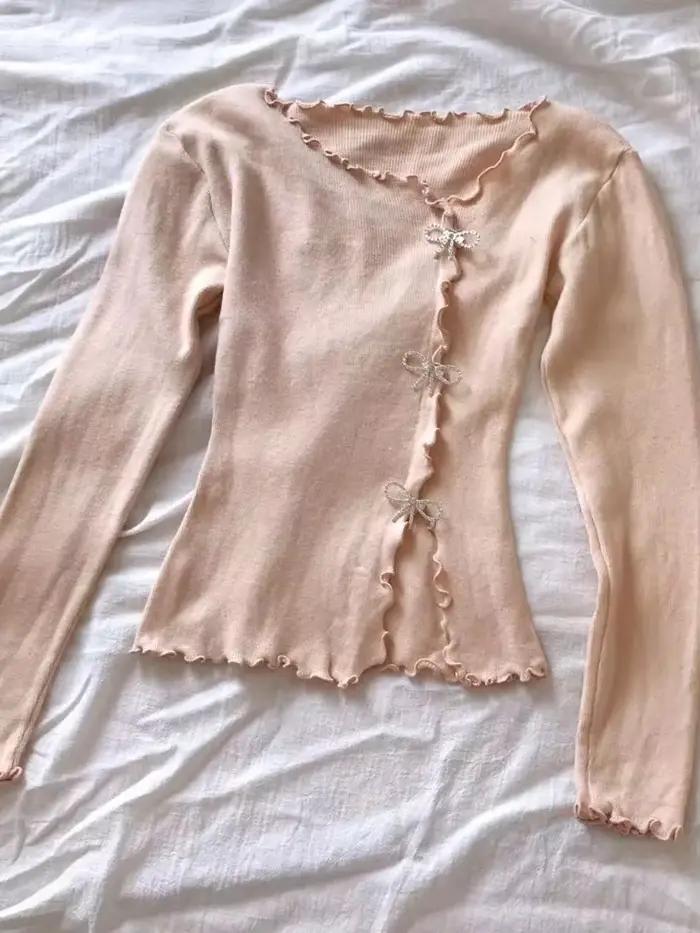 Pull à manches longues abebey garniture laitue unie nœud papillon style Y2K pour femmes décontracté automne printemps occassionnels à offrir