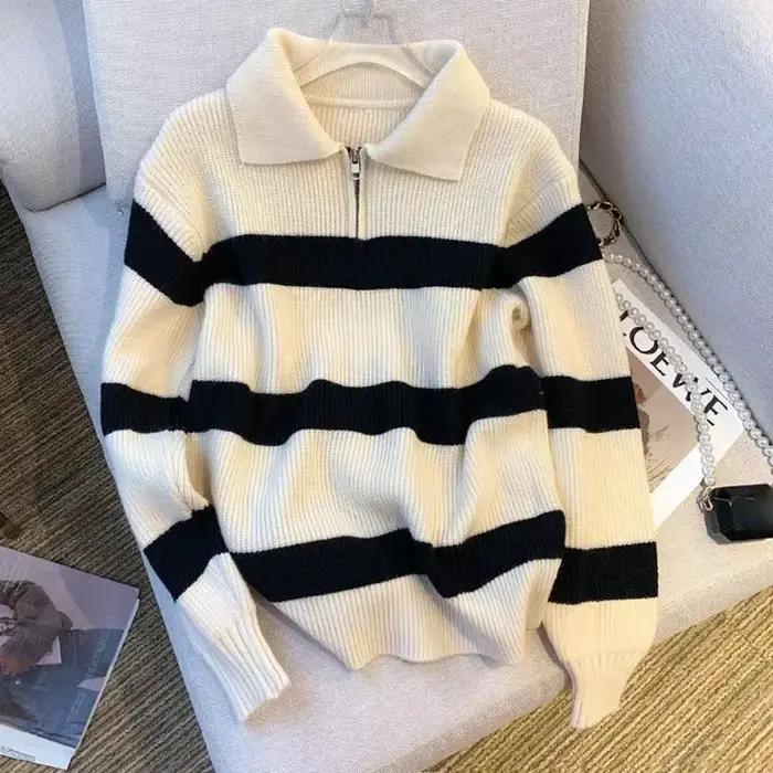 Smvp femmes col rabattu rayé pull Vintage ample à manches longues tricots femme automne hiver chaud tricoté