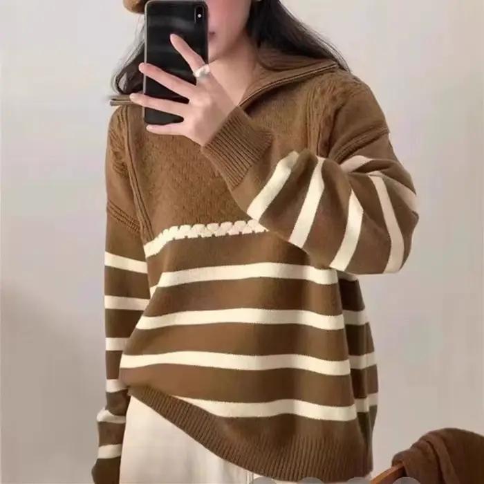 2025 Pull tricoté à col semi-fermé avec fermeture éclair - Style automne/hiver - Design à rayures mélangées